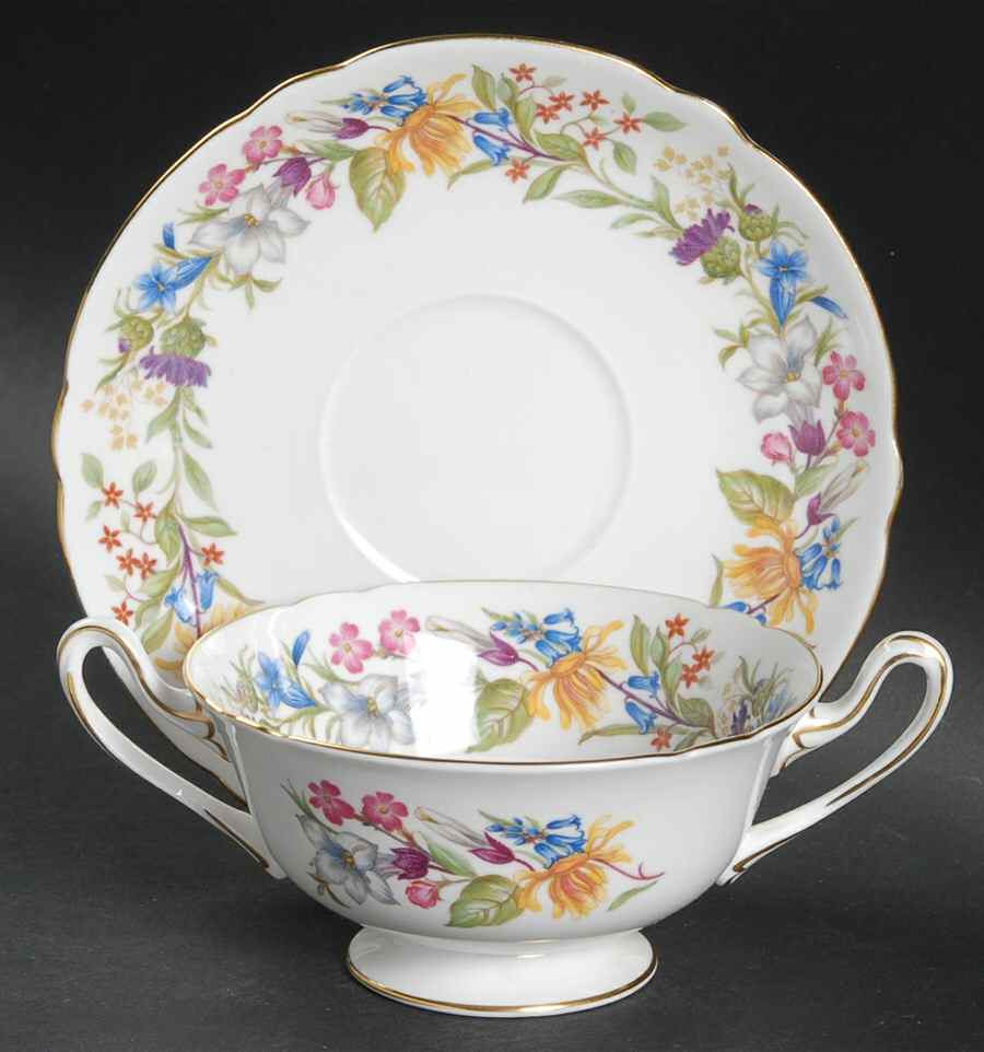 Spring Bouquet (Gainsborough, Scalloped) Footed Cream Soup Bowl & Saucer Set by Shelley-1