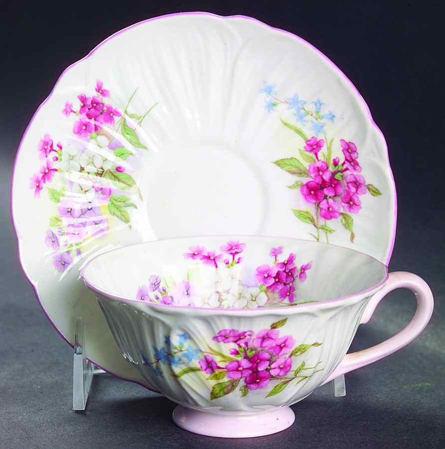 Stocks Pink (Oleander Shape) Footed Cup & Saucer Set by Shelley-1