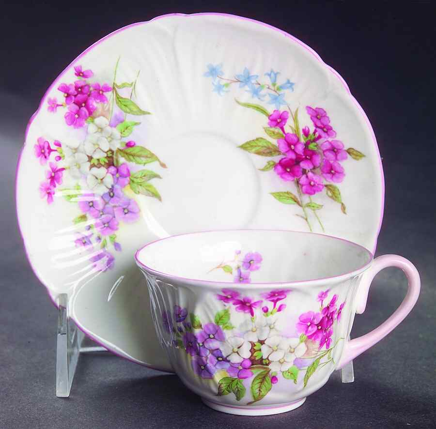 Stocks Pink (Oleander Shape) Flat Demitasse Cup & Saucer Set by Shelley-1