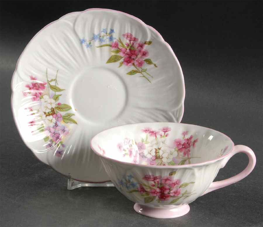 Stocks Pink (Oleander Shape) Flat Cup & Saucer Set by Shelley-1
