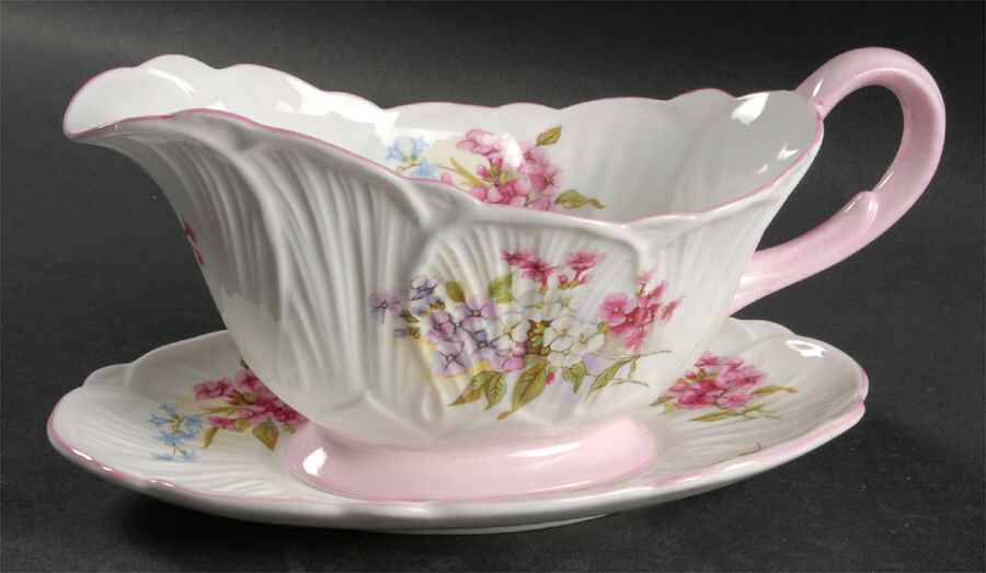 Stocks Pink (Oleander Shape) Gravy Boat & Underplate by Shelley-1