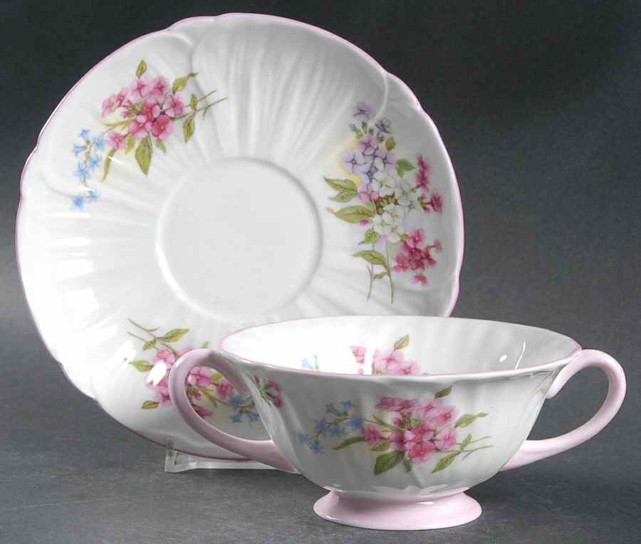Stocks Pink (Oleander Shape) Footed Cream Soup Bowl & Saucer Set by Shelley-1