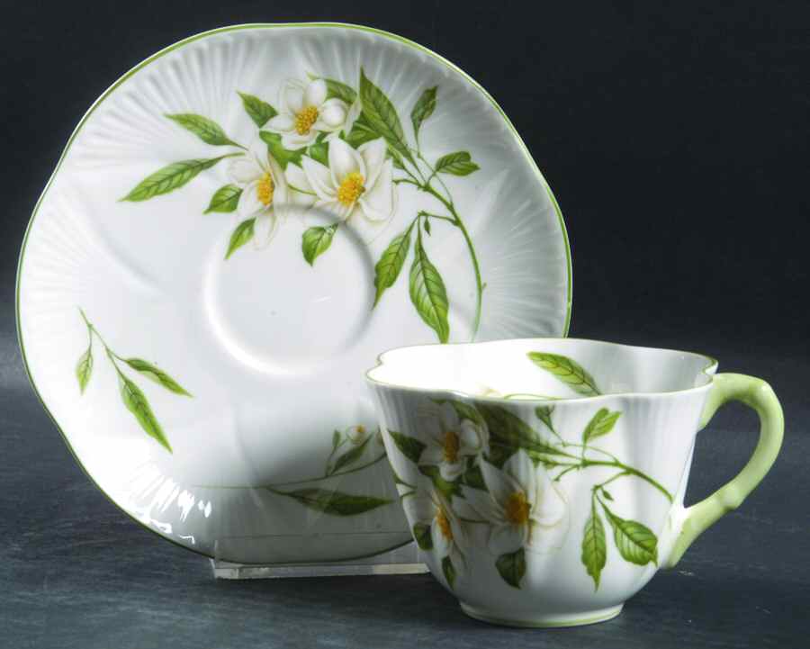 Syringa (Dainty, Green Trim) Flat Cup & Saucer Set by Shelley-1