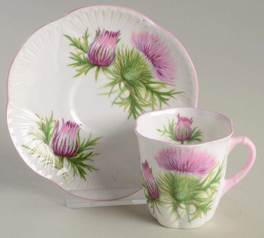 Thistle (Dainty, Pink, Pink Trim) Flat Demitasse Cup & Saucer Set by Shelley-1