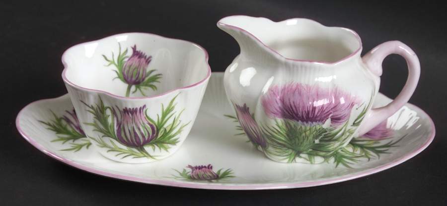 Thistle (Dainty, Pink, Pink Trim) Individual Creamer & Open Sugar W/Tray by Shelley-1