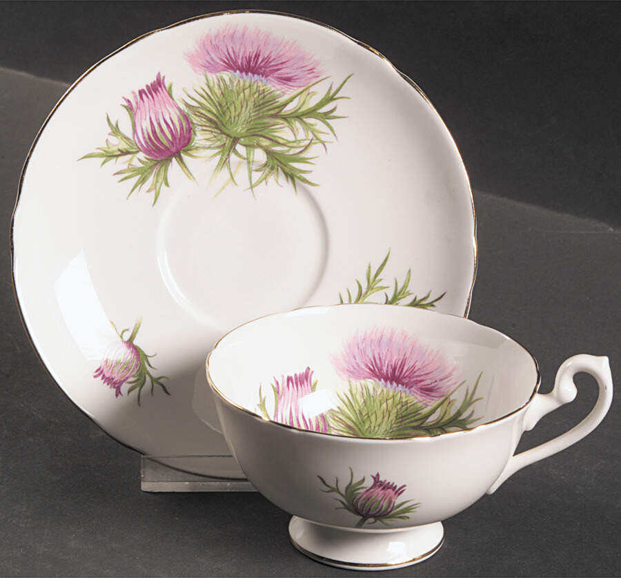 Thistle (Oleander, Purple, Gold Trim) Footed Cup & Saucer Set by Shelley-1