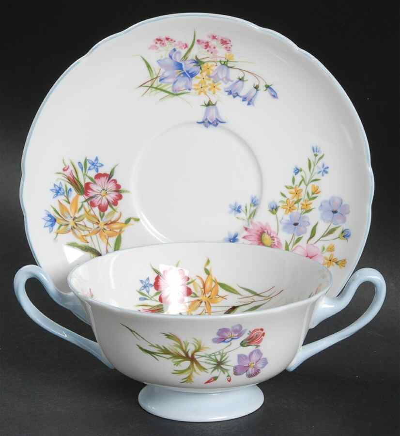 Wild Flowers (Gainsborough) Footed Cream Soup Bowl & Saucer Set by Shelley-1