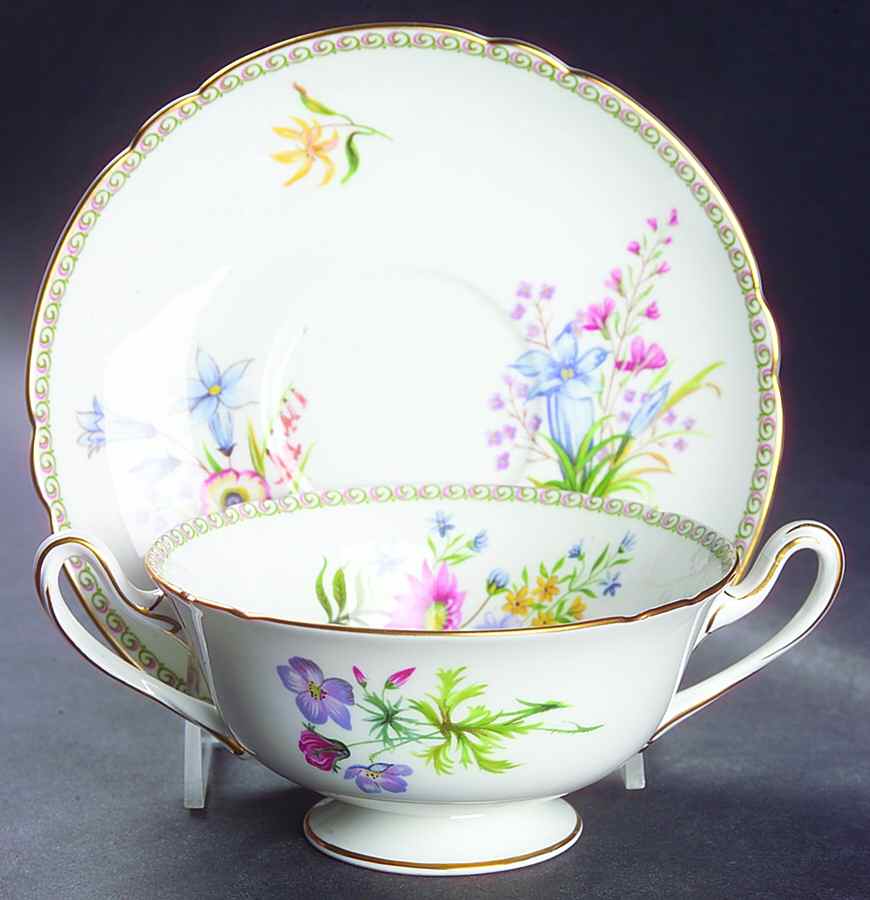 Wild Flowers (Gainsborough) Footed Cream Soup Bowl & Saucer Set by Shelley-1