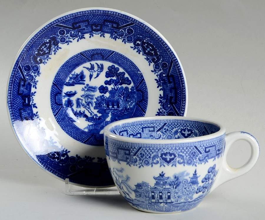 Blue Willow Blue Flat Cup & Saucer Set by Shenango-1