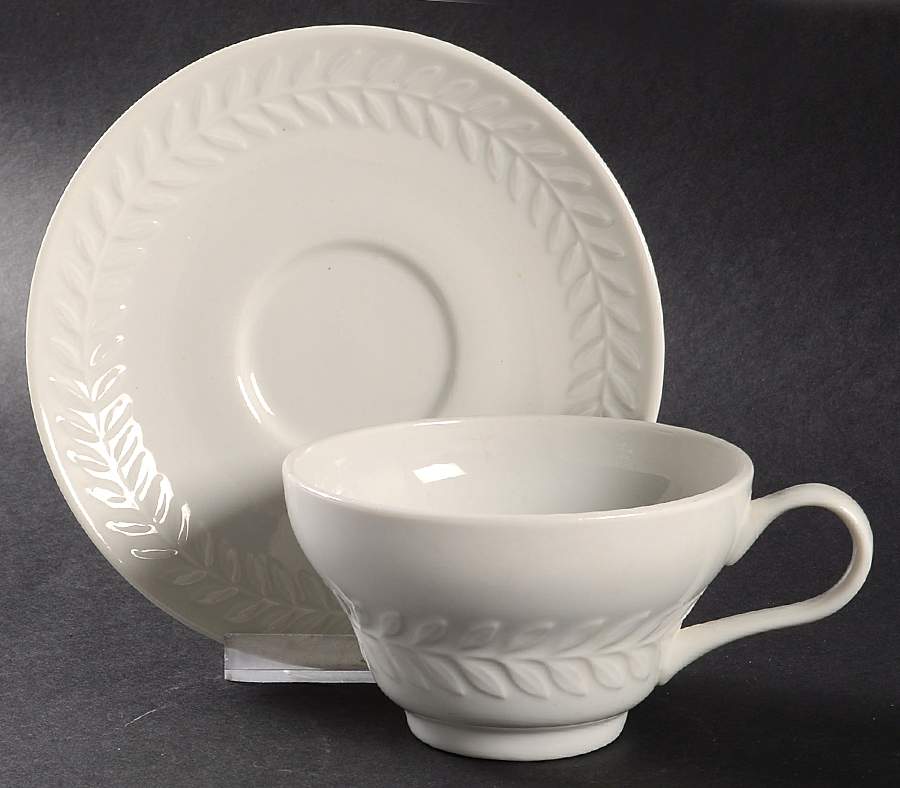 Carlton (All White, Embossed Laurel) Flat Cup & Saucer Set by Shenango-1