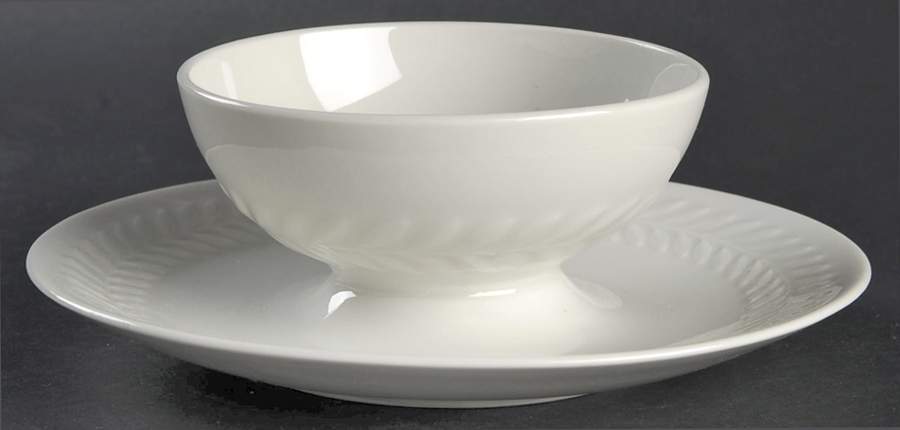 Carlton (All White, Embossed Laurel) Gravy Boat with Attached Underplate by Shenango-1