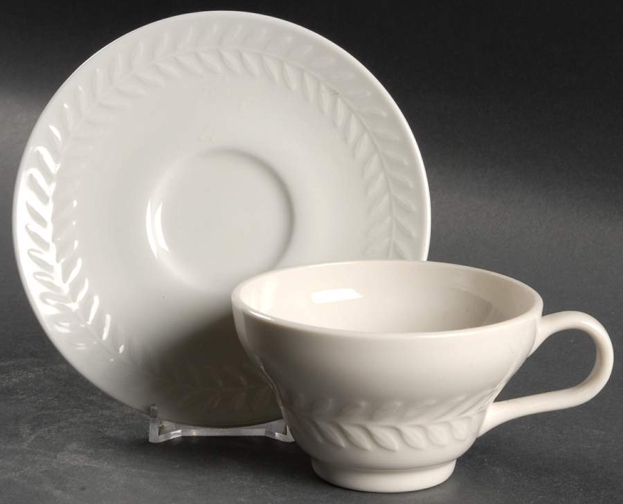 Carlton (All White, Embossed Laurel) Flat Cup & Saucer Set by Shenango-1