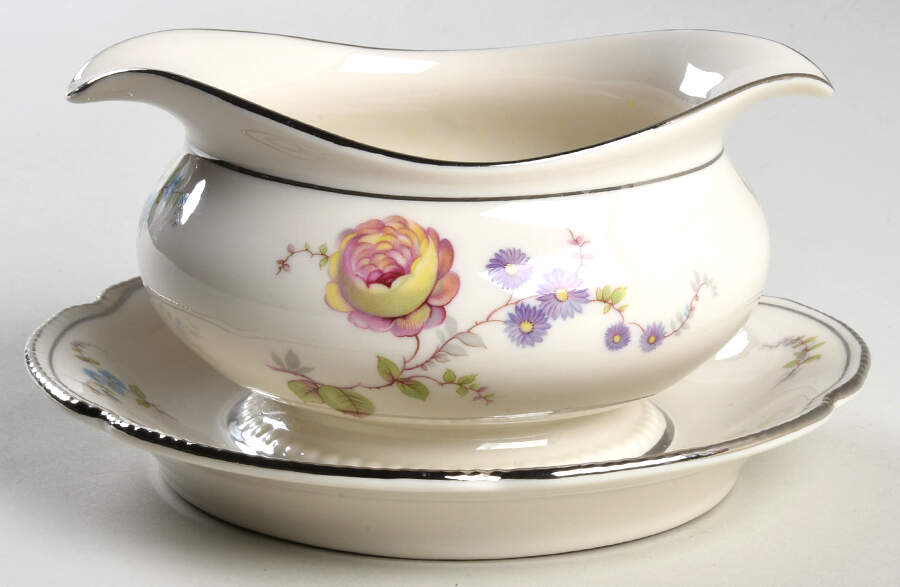 Sunnyvale Platinum (Platinum Trim) Round Gravy Boat/Attached Underplate by Shenango-1