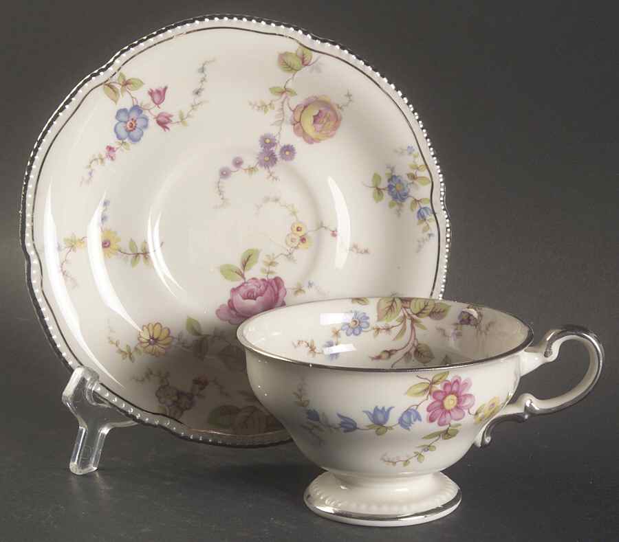 Sunnyvale Platinum (Platinum Trim) Footed Cup & Saucer Set by Shenango-1