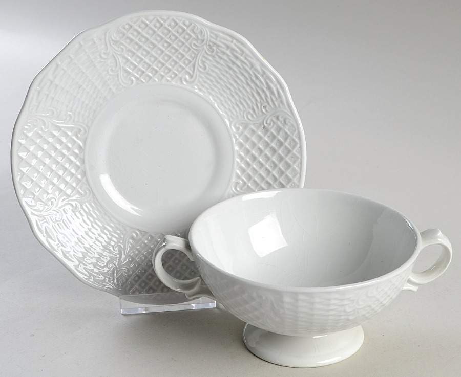 Marlborough (Embossed Wicker Lattice Rim) Footed Cream Soup Bowl & Saucer Set by Simpsons-1