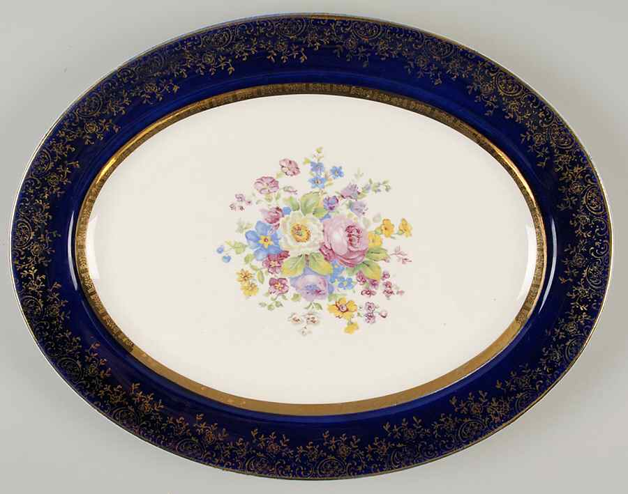 Aristocrat Cobalt Blue (Floral Center) 13" Oval Serving Platter by Salem-1
