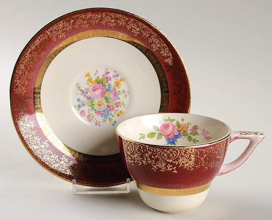 Aristocrat Maroon (Floral Center) Footed Cup & Saucer Set by Salem-1