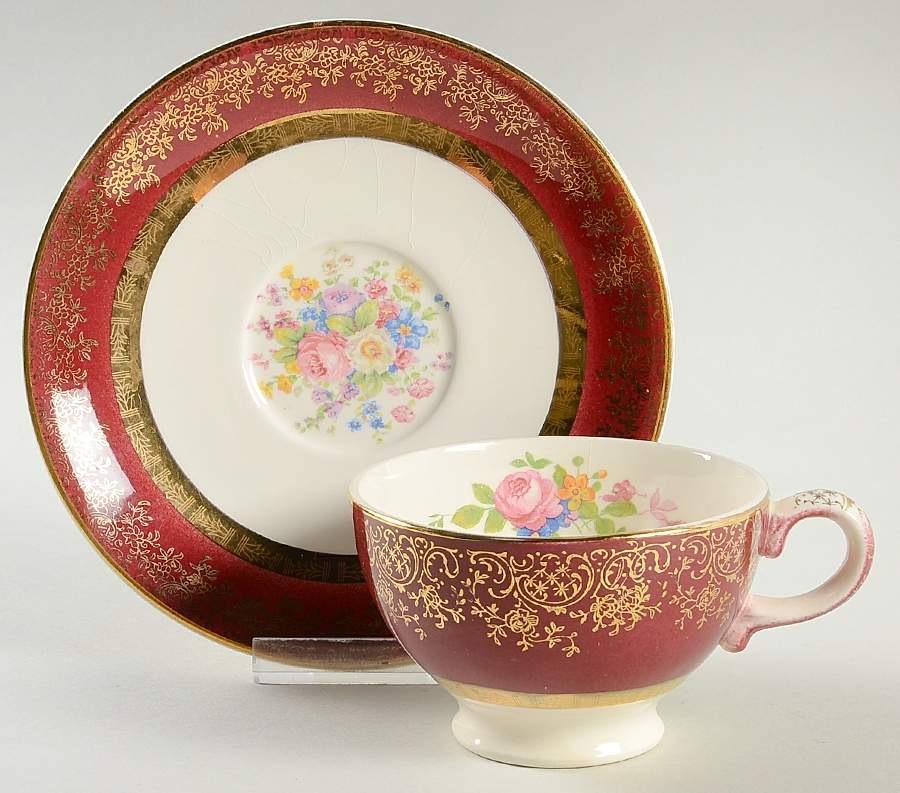 Aristocrat Maroon (Floral Center) Footed Cup & Saucer Set by Salem-1