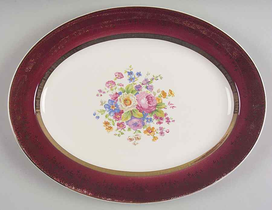 Aristocrat Maroon (Floral Center) 13" Oval Serving Platter by Salem-1