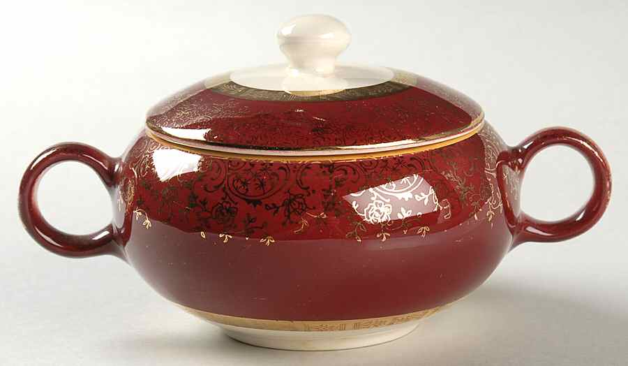Aristocrat Maroon (Floral Center) Sugar Bowl & Lid by Salem-1