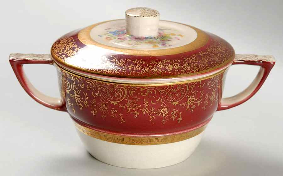 Aristocrat Maroon (Floral Center) Sugar Bowl & Lid by Salem-1