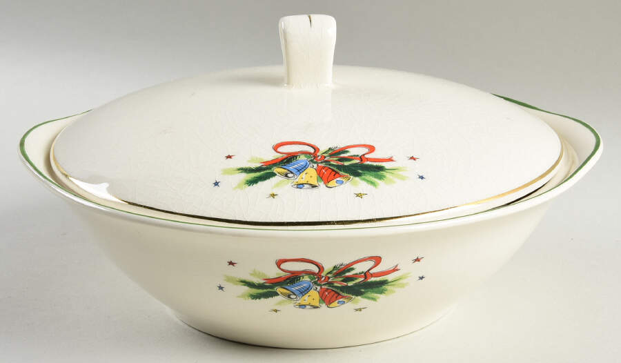 Christmas Eve (Earthenware, Green, Gold) Round Covered Vegetable by Salem-1