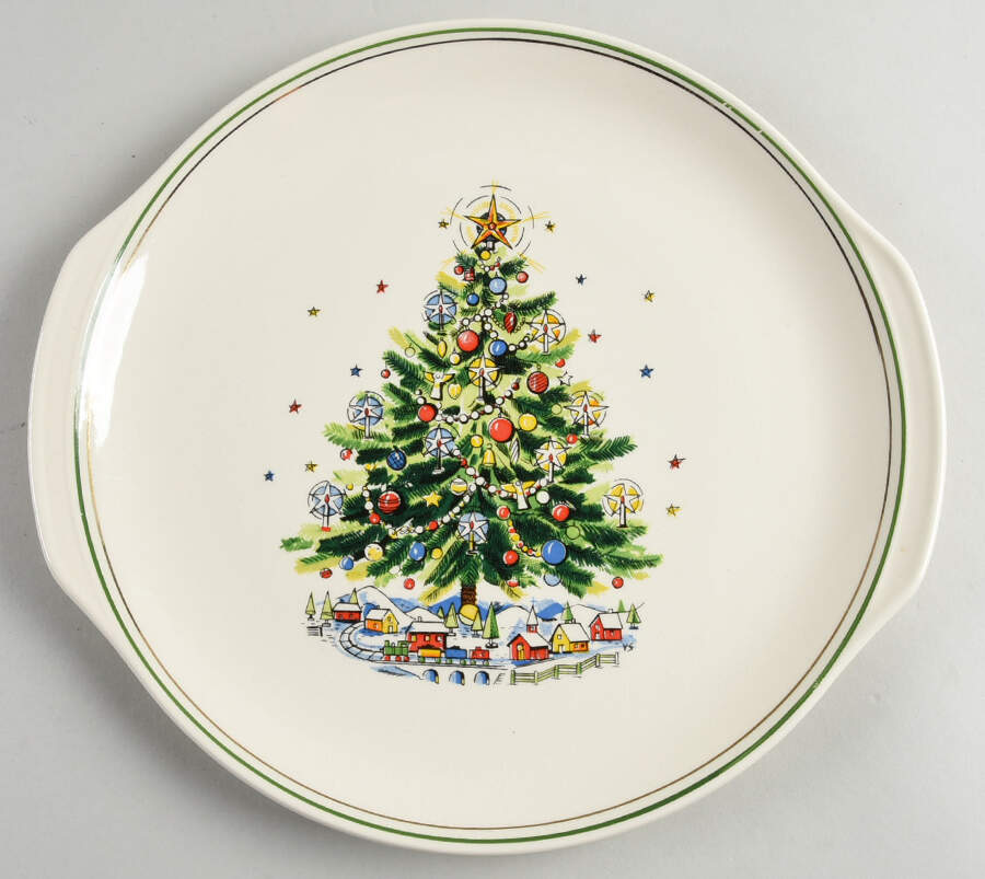 Christmas Eve (Earthenware, Green, Gold) Handled Cake Plate by Salem-1