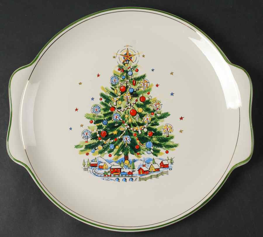 Christmas Eve (Earthenware, Green, Gold) Handled Cake Plate by Salem-1