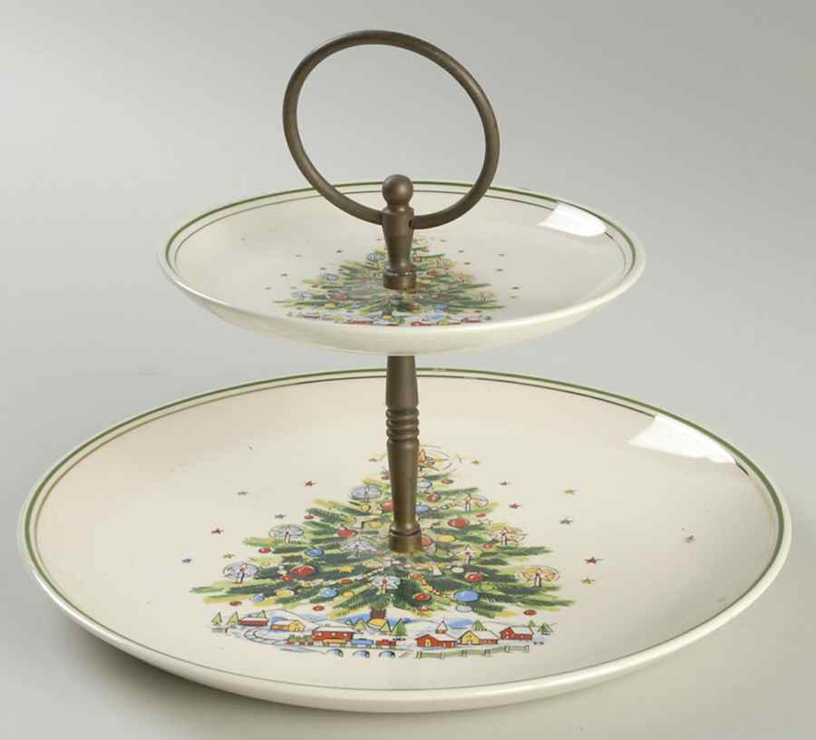 Christmas Eve (Earthenware, Green, Gold) 2 Tiered Serving Tray (Dinner&Bread/Butter Plate) by Salem-1