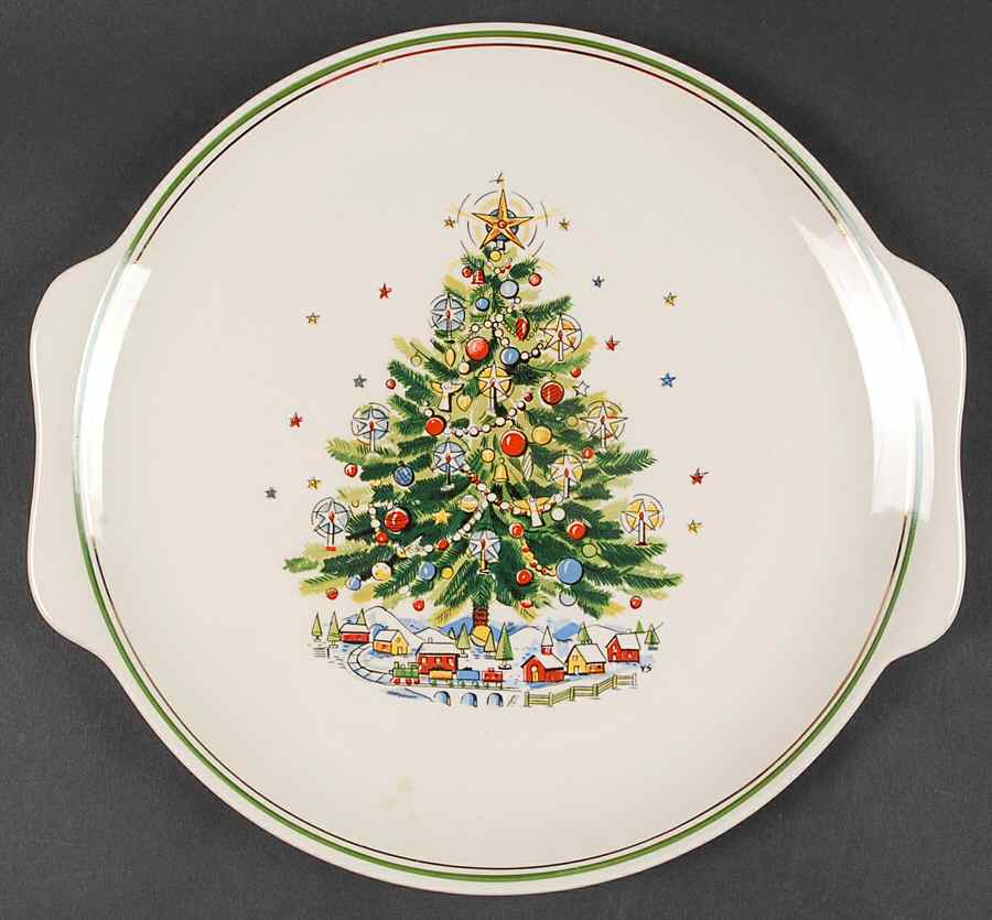 Christmas Eve (Earthenware, Green, Gold) Handled Cake Plate by Salem-1