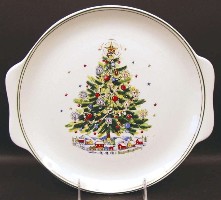 Christmas Eve (Earthenware, Green, Gold) Handled Cake Plate by Salem-1