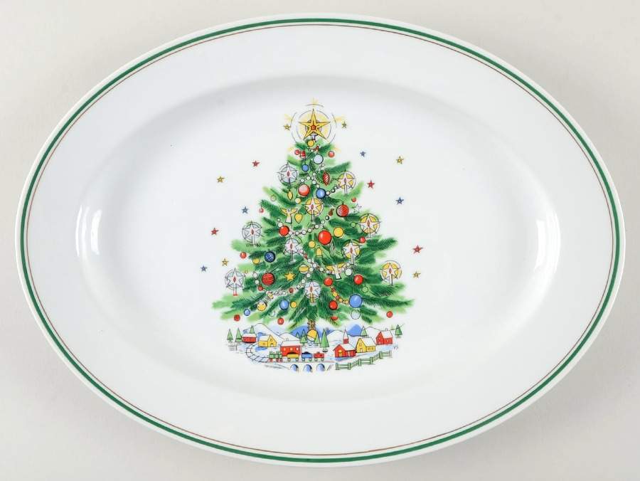 Christmas Eve (Earthenware, Green, Gold) 14" Oval Serving Platter by Salem-1