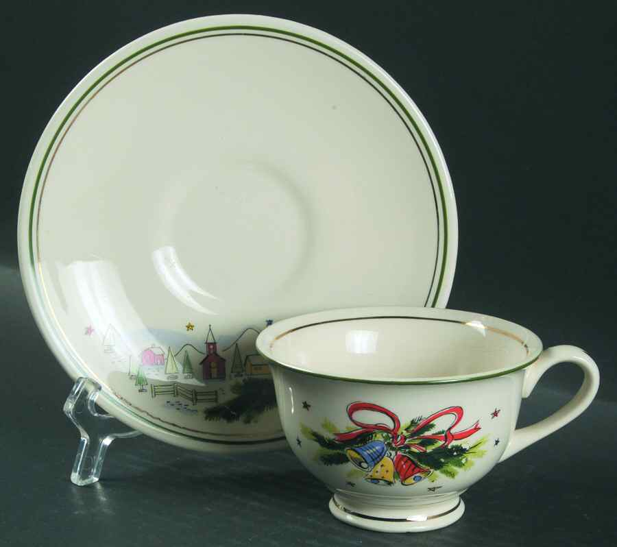 Christmas Eve (Earthenware, Green, Gold) Footed Cup & Saucer Set by Salem-1