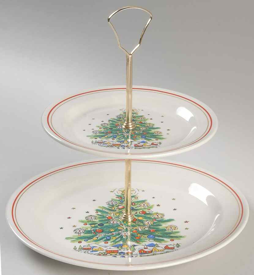 Christmas Eve (Earthenware, Red, Gold) 2 Tiered Serving Tray (Dinner & Dessert Plates) by Salem-1