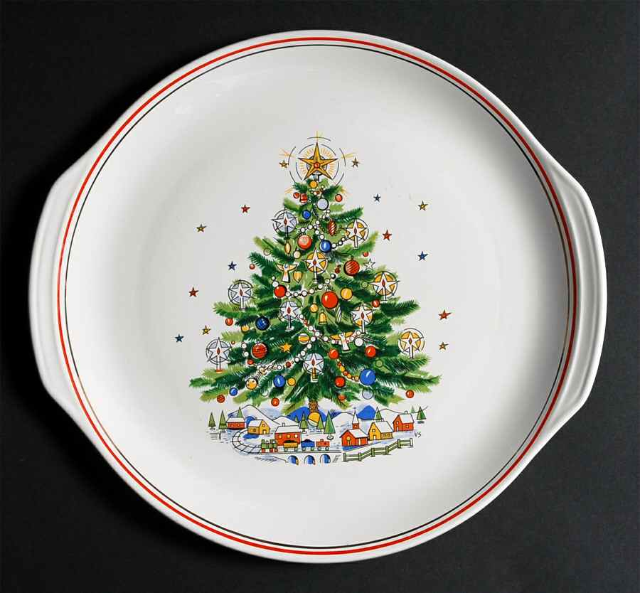 Christmas Eve (Earthenware, Red, Gold) Handled Cake Plate by Salem-1
