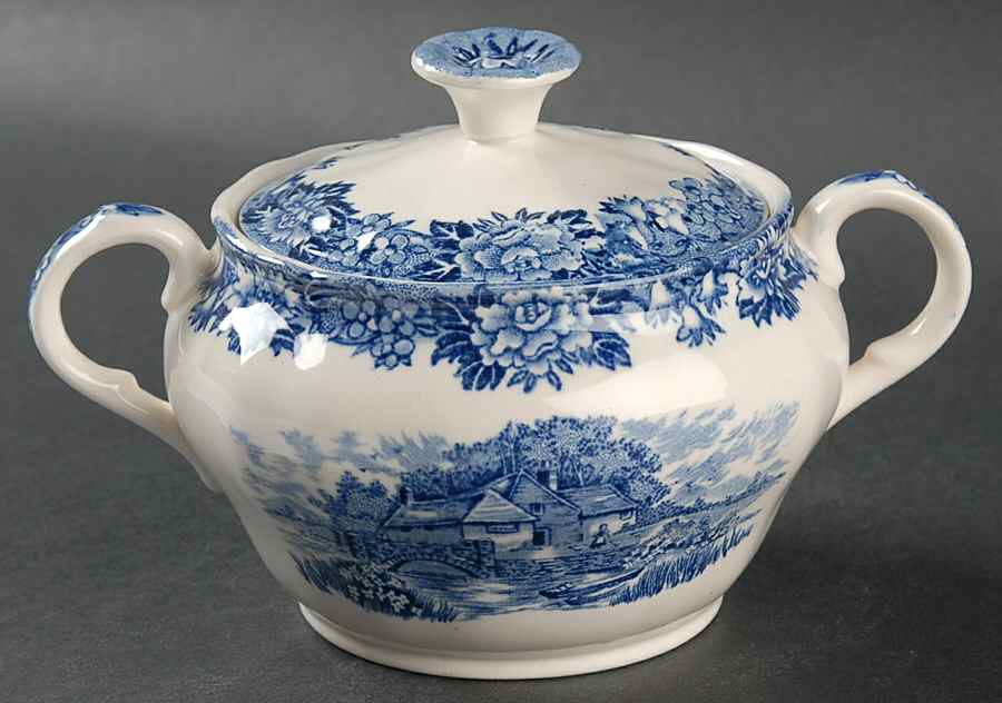 English Village Blue Sugar Bowl & Lid by Salem-1