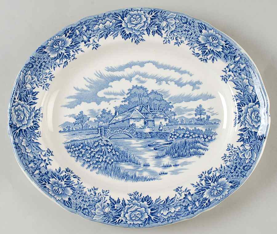 English Village Blue 12" Oval Serving Platter by Salem-1