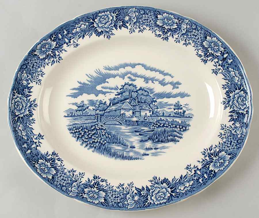 English Village Blue 14" Oval Serving Platter by Salem-1