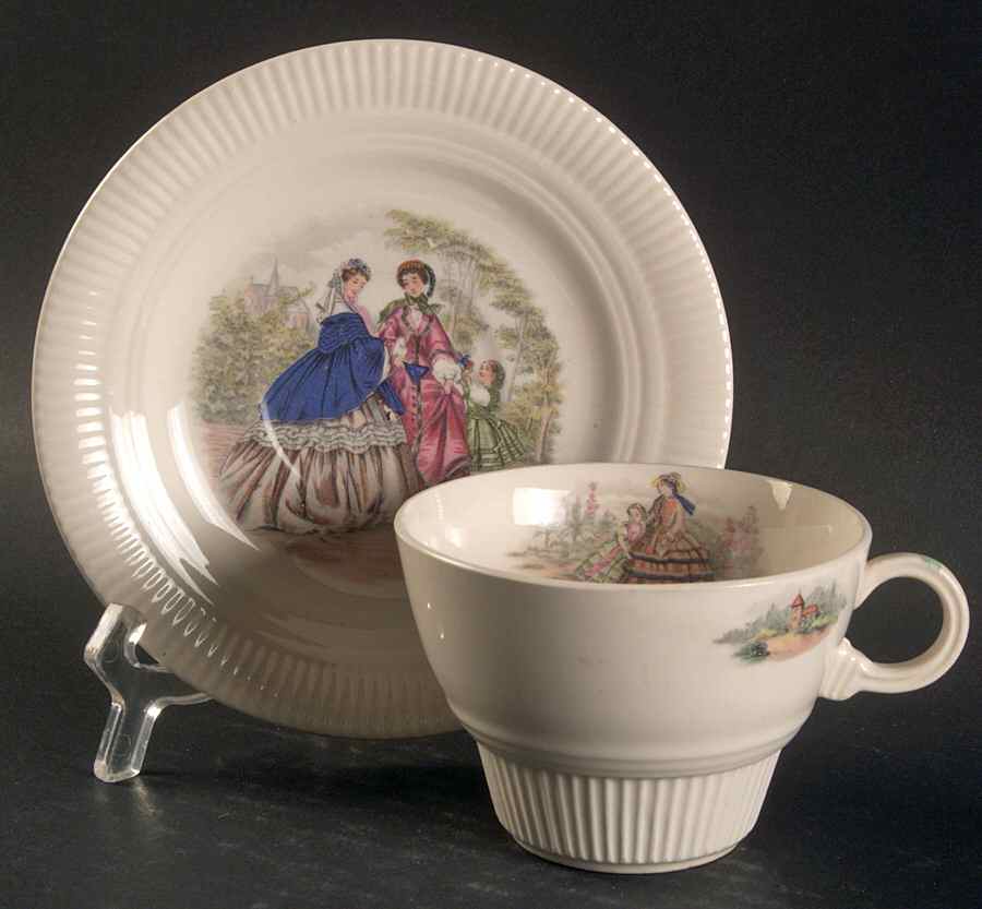 Godey Prints (Ribbed Rim) Flat Cup & Saucer Set by Salem-1
