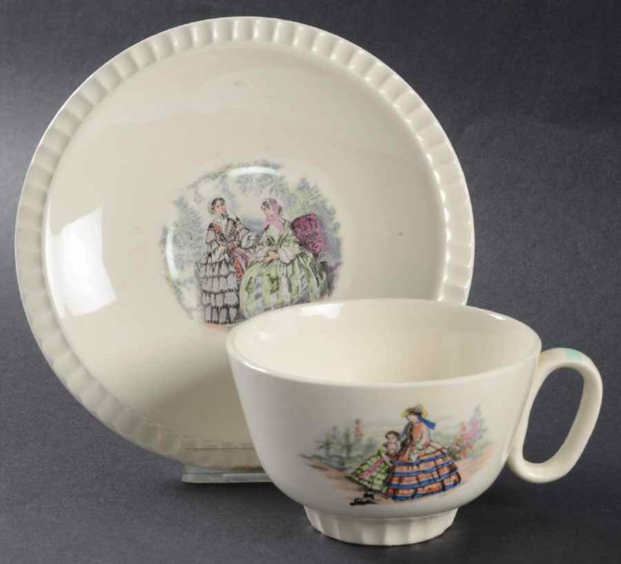 Godey Prints (Fluted, No Color Band) Flat Cup & Saucer Set by Salem-1