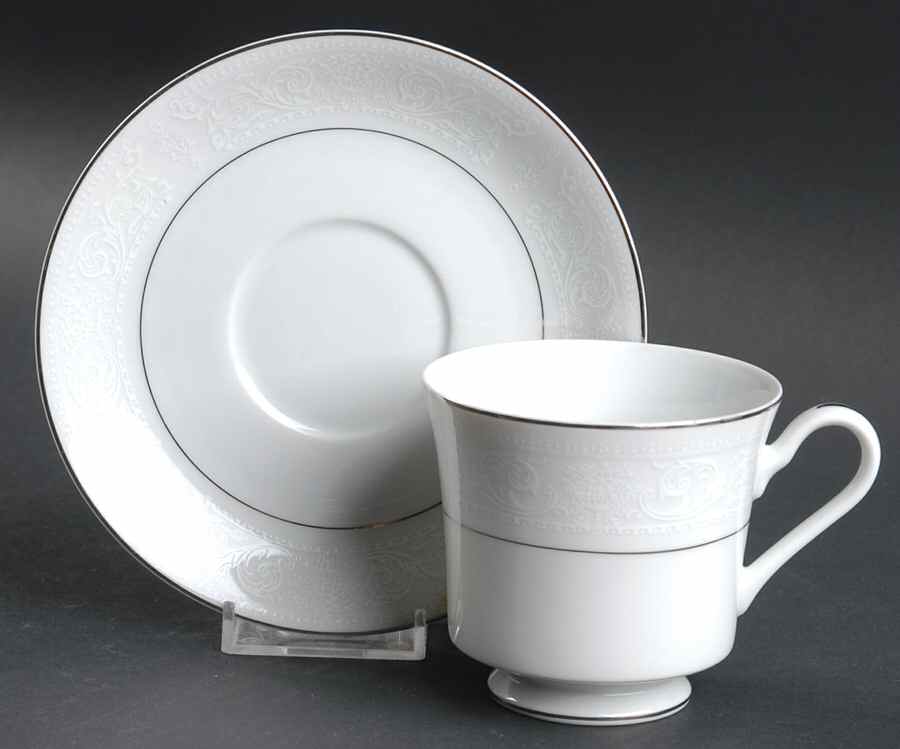 Lace Bouquet (Platinum Trim) Footed Cup & Saucer Set by Salem-1