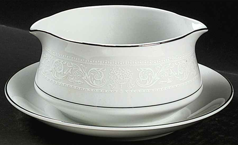 Lace Bouquet (Platinum Trim) Gravy Boat with Attached Underplate by Salem-1
