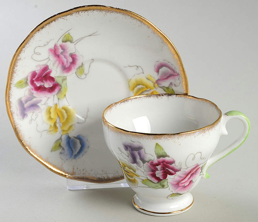 Sweet Pea (Multicolor Flowers) Footed Cup & Saucer Set by Salisbury-1
