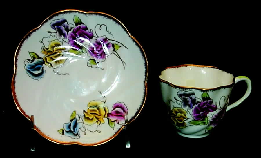 Sweet Pea (Multicolor Flowers) Flat Cup & Saucer Set by Salisbury-1