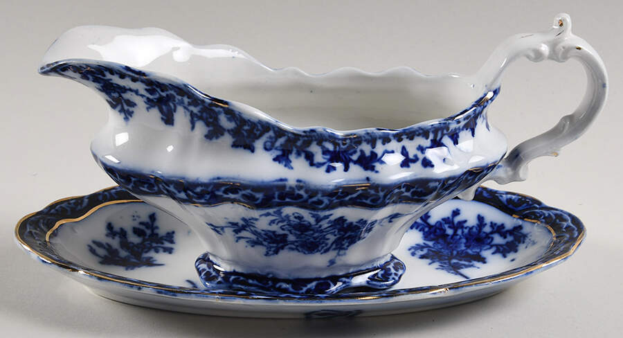 Touraine (Flow Blue) Gravy Boat & Underplate/Relish by Stanley Pottery -1
