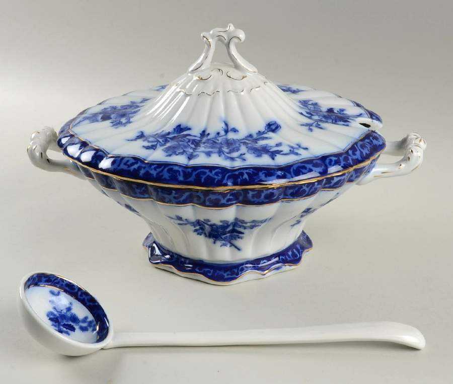 Touraine (Flow Blue) Tureen & Lid w/Ladle by Stanley Pottery -1