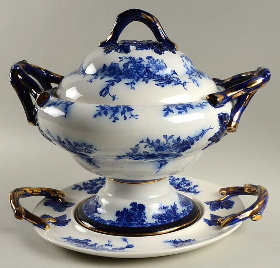 Touraine (Flow Blue) Tureen & Lid w/Underplate by Stanley Pottery -1