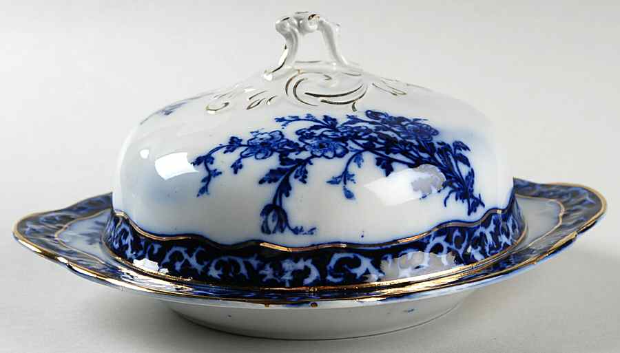 Touraine (Flow Blue) Round Covered Butter by Stanley Pottery -1