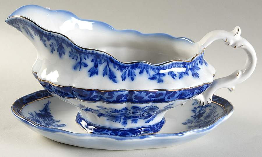 Touraine (Flow Blue) Gravy Boat & Underplate/Relish by Stanley Pottery -1