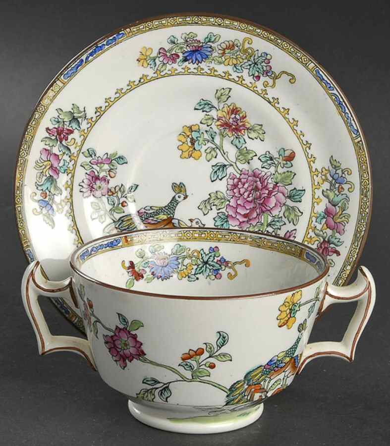 Spode's Peacock (Scalloped) Footed Bouillon Cup & Saucer by Spode-1